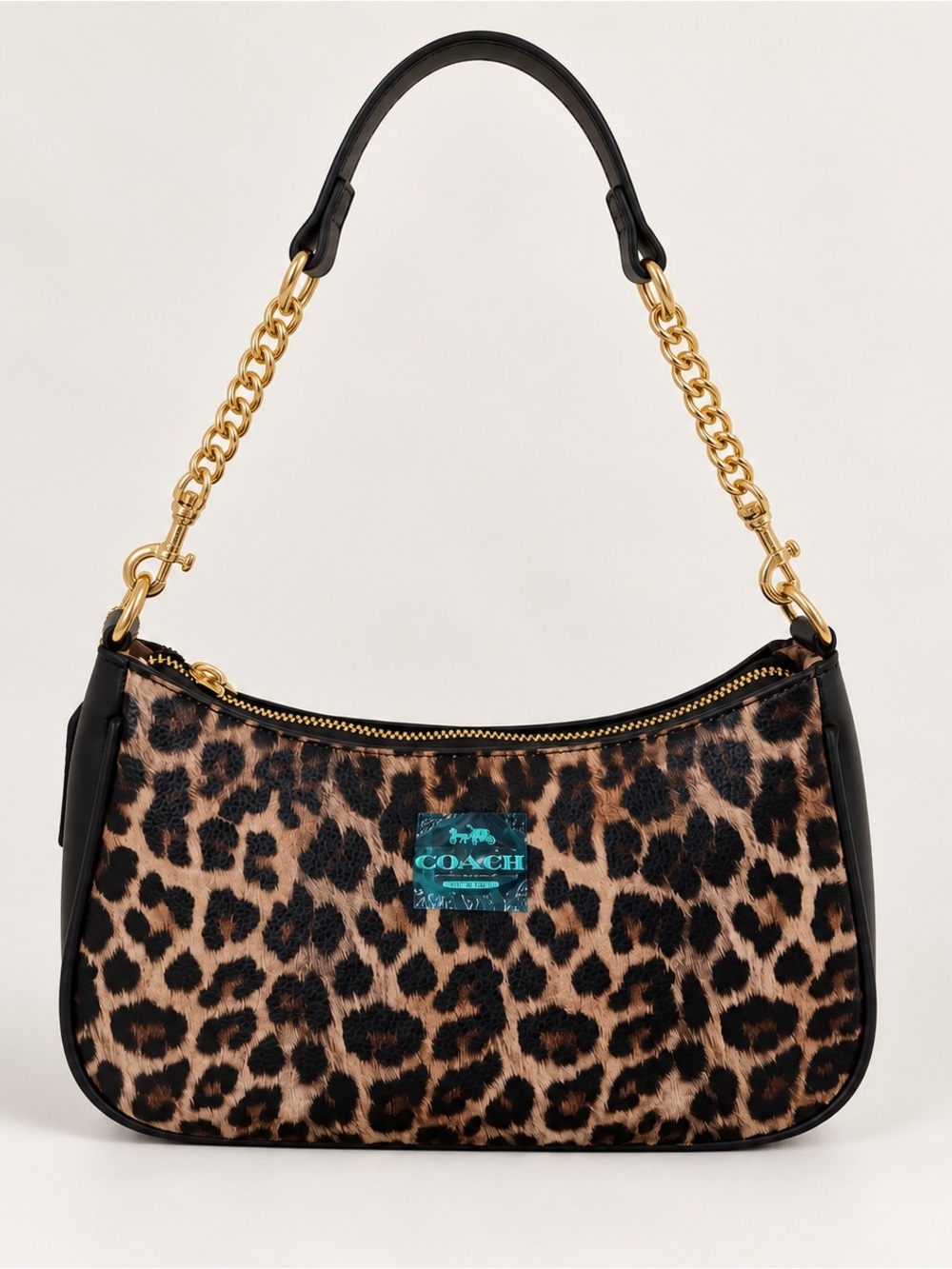 Coach Leopard-Print Shoulder Bag with Gold Chain and Black Trim